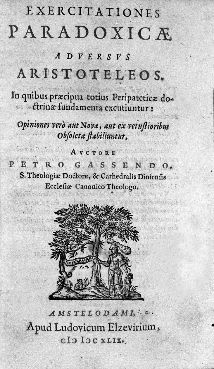 frontispício de" Exercitationum paradoxicarum adversus Aristoteleos" de Pierre Gassendi (1592-1655), filósofo, astrônomo, matemático e físico francês. de Unknown artist