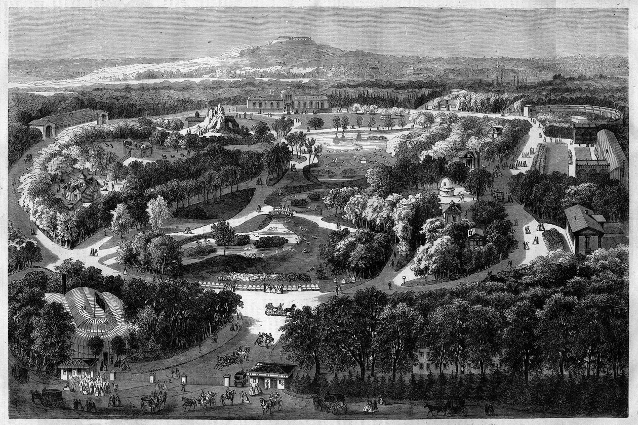 vista geral do jardim de aclimatação ao Bois de Boulogne oferecido e inaugurado por Napoleão III em 1860, combinando natureza, flora exuberante e animais exóticos, no "l