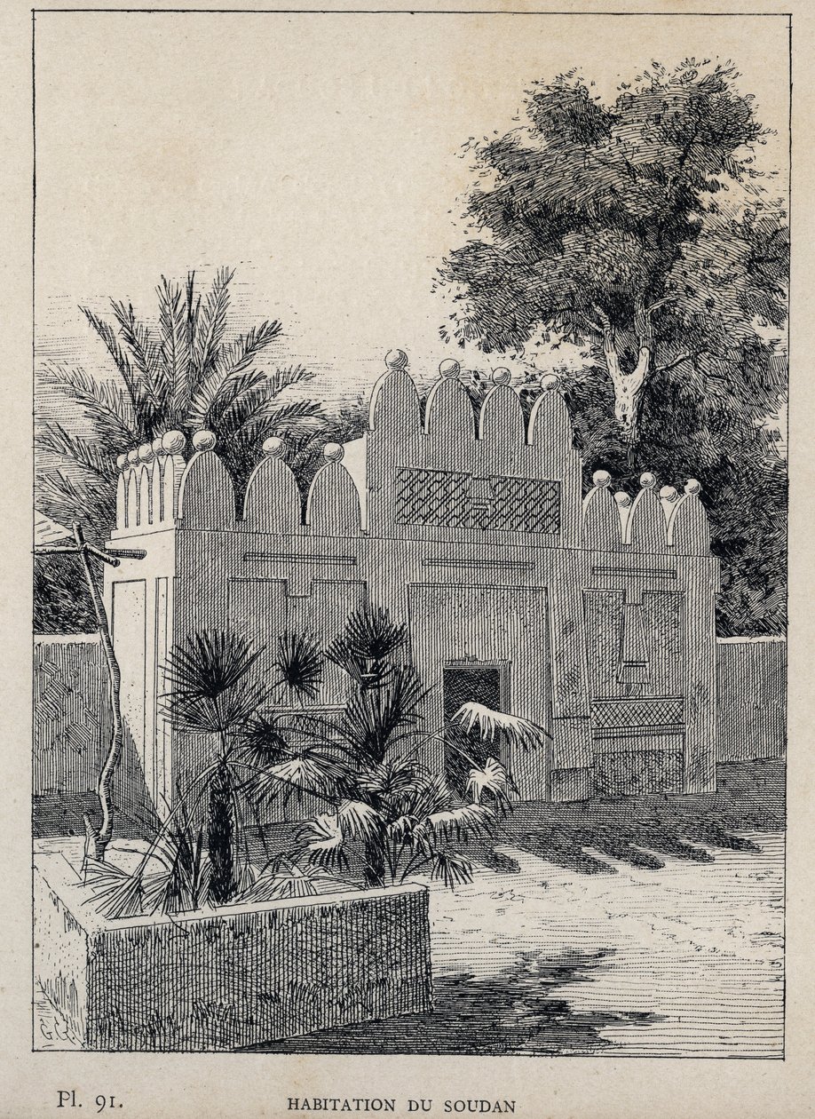 habitation du Sudan (Sudão) - gravura de 1889 em "Histoire de habitation humaine à l