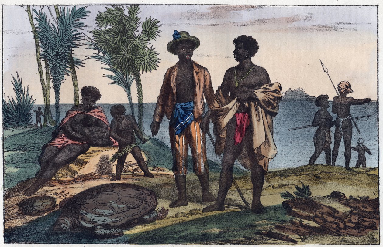 habitantes das ilhas de Cabo Verde - gravura de "Uses and Customs of All the Peoples of the Universe". Ou História do Governo, Leis, Milícias, Religião de Todas as Nações desde os tempos mais remotos até ao dia de hoje" 1856 de Unknown artist