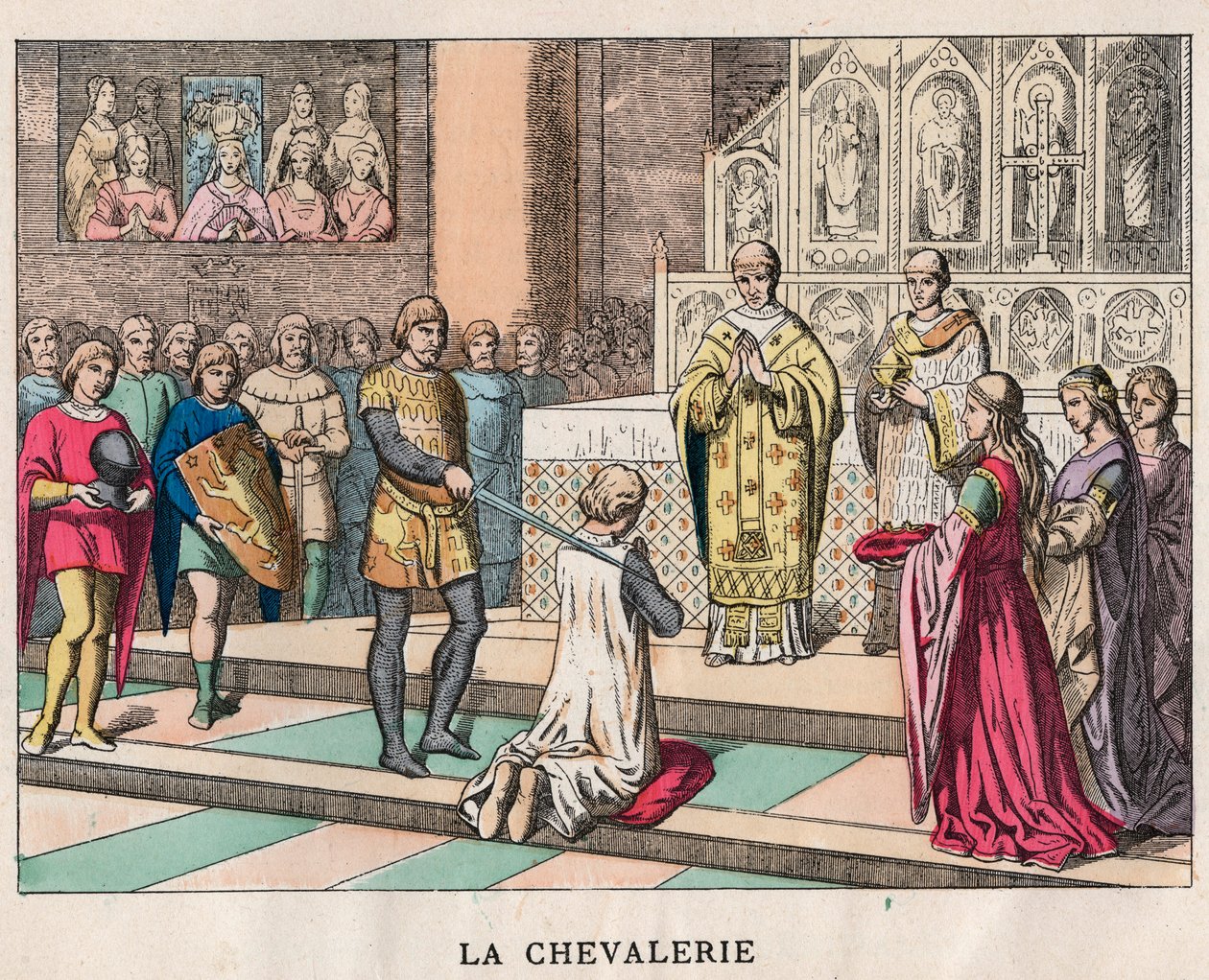 cavaleiro - La Chivalerie - Amolecimento de um cavaleiro - Gravura do final do século XIX em "Nos Gires Nationales - Imagens e recitais" de Unknown artist