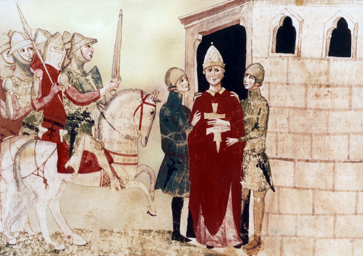 o papa Bonifácio VIII (1294-1303) aqui prisioneiro em Anagni em 1303, ilustração do manuscrito do século XIV de Unknown artist