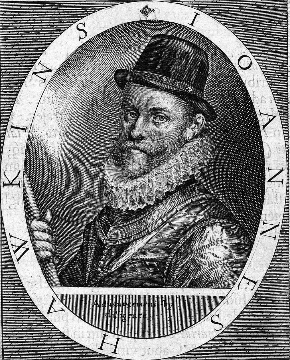 retrato de Sir John Hawkins (Hawkyns) Almirante Inglês (1532-1595), conhecido por ser o primeiro a comercializar o negro, fez várias viagens, finanças por mercadores londrinos, entre a África e as Américas. Gravura a partir de 1620. de Unknown artist