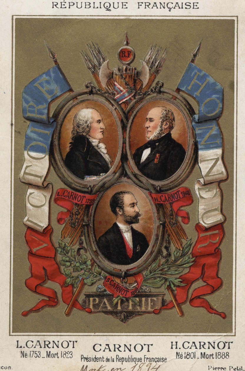 Retratos do político francês Lazare Carnot (1753-1823), Hyppolite Carnot (1801 a 1888) e Sadi Carnot presidente da república francesa. de Unknown artist