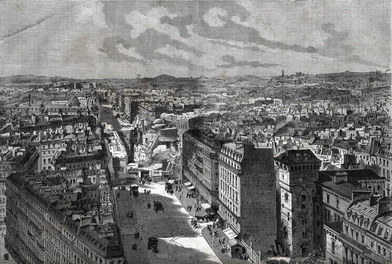 as Grandes Obras de Haussman - Transformações de Paris sob o Segundo Império, Paris Haussmannien (Boulevard, obras de Haussmannien) - Le piercing de rue Etienne Marcel- de la rue Turbigo à la Place des Victoires - gravura em "Le journal illustrious" de 1 de Unknown artist