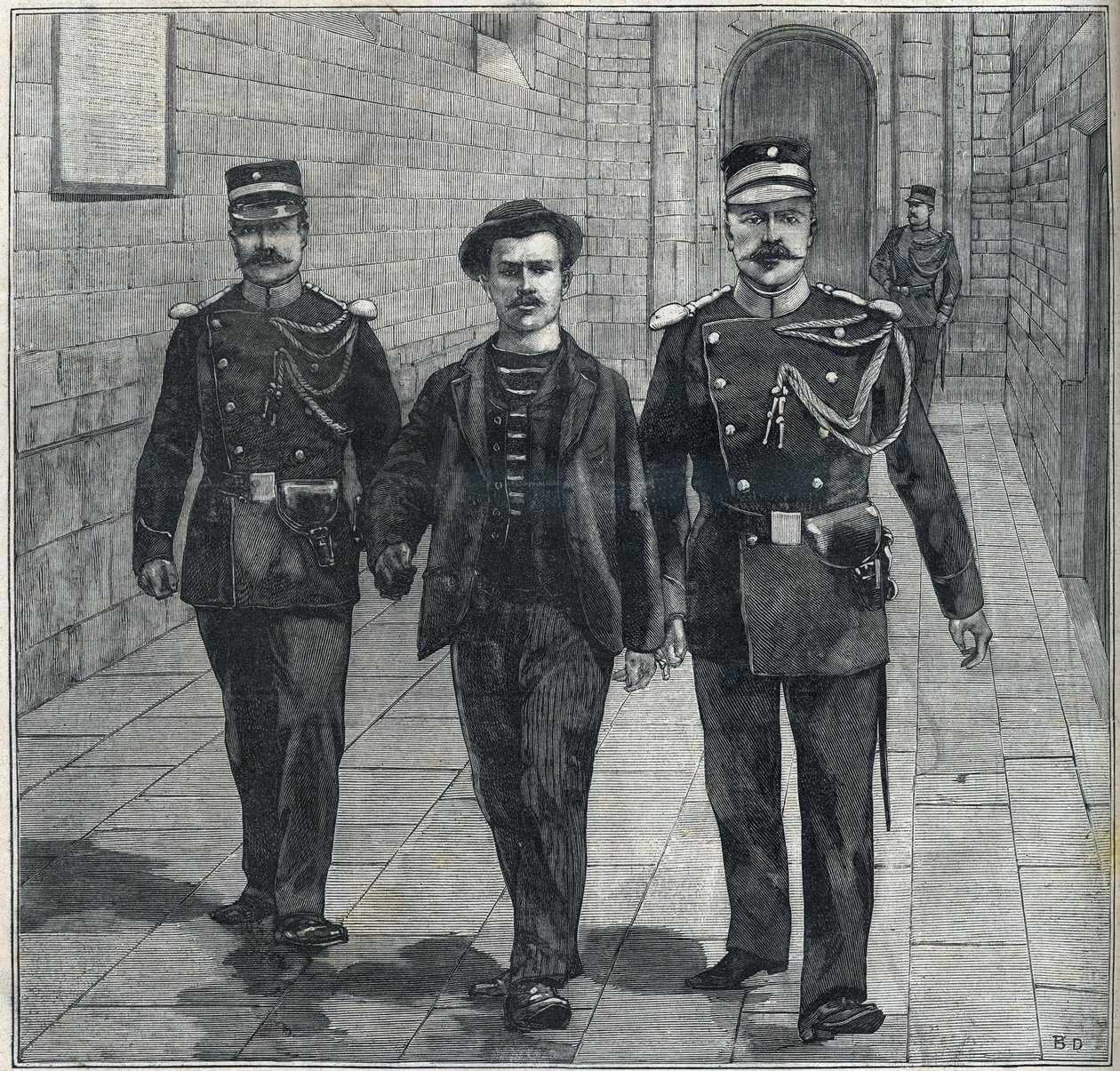 o anarquista italiano Luigi Luccheni (Lucheni), assassino da Impressora Isabel da Áustria (Sissi), levado ao Tribunal de Justiça em 1898. de Unknown artist