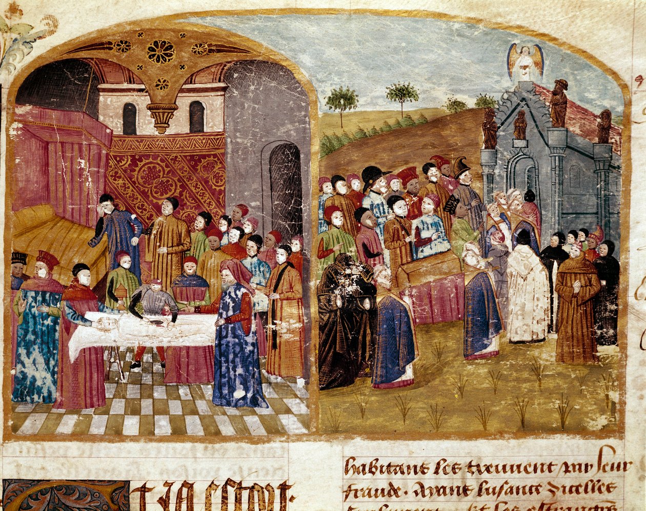 o funeral de Alexandre o Grande, a dissecação e o enterro em miniatura retirado do "Livro de Fatos de Alexandre o Grande" de Quintus Curtius Rufus (século I) de Unknown artist
