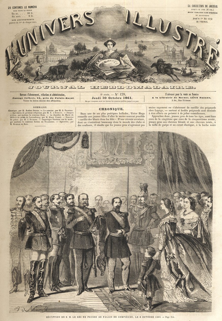 a visita de Guilherme, rei da Prússia, a Napoleão III, imperador dos franceses, em Compiègne, França 1861 - Visita de Guilherme I da Prússia (1797-1888) a Compiègne na presença de Napoleão III - Gravura de "O Universo Ilustrado de Unknown artist