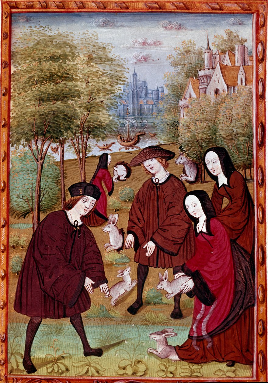 jovens brincando com coelhos Miniatura de "Histoire de Jean III de Brush e sua esposa Louise de Laval" (ms. 1475) Chantilly, Musee Conde de Unknown artist