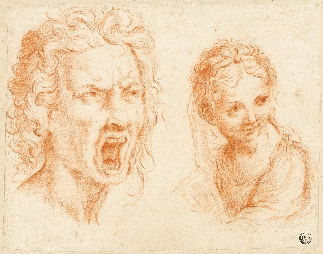 Cabeça de homem com cara de mau, busto de rapariga de Unknown Italian