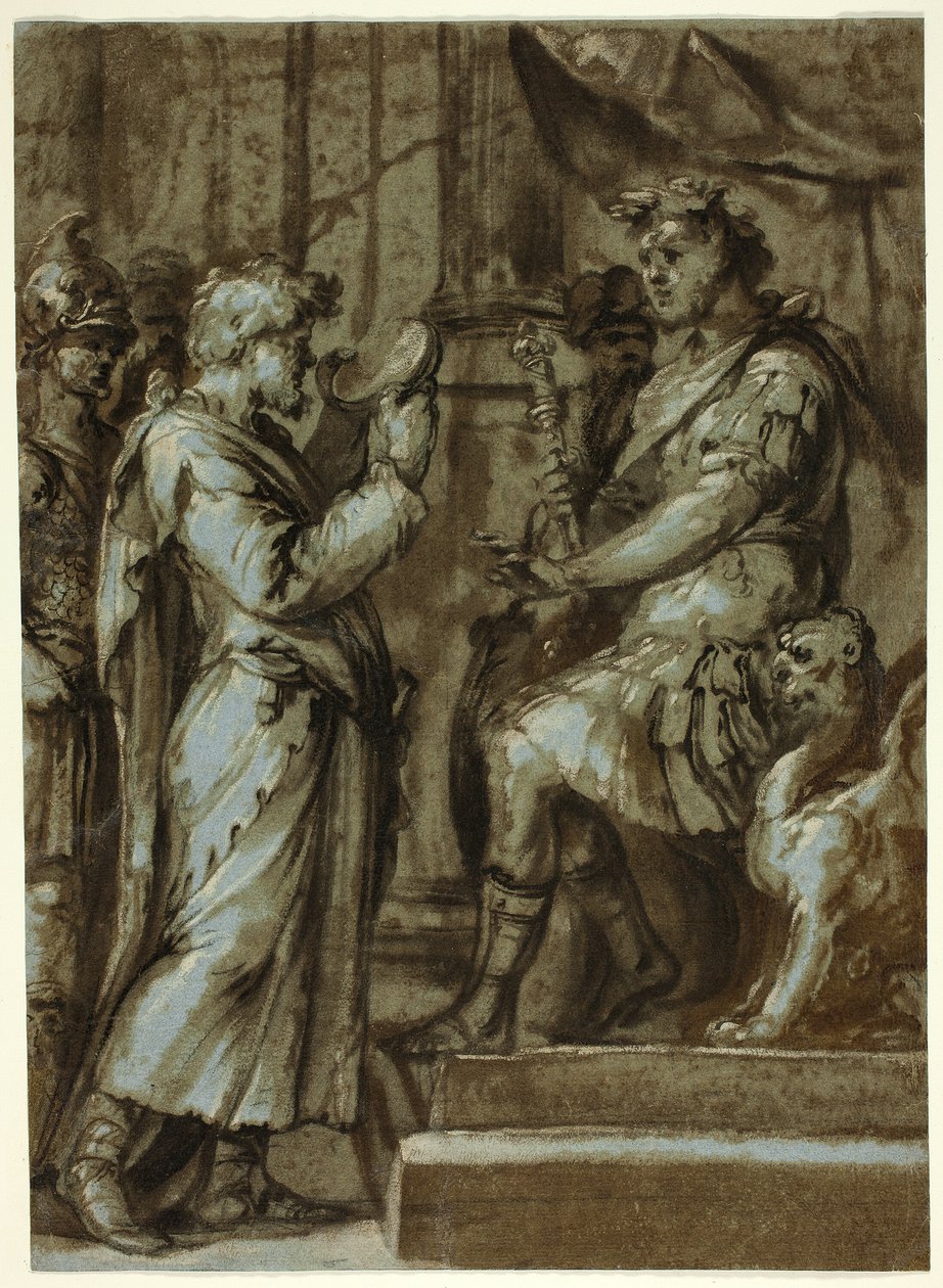 Mágico fazendo uma previsão a um imperador (anverso); Nu masculino carregando uma carga (verso) de Unknown Italian