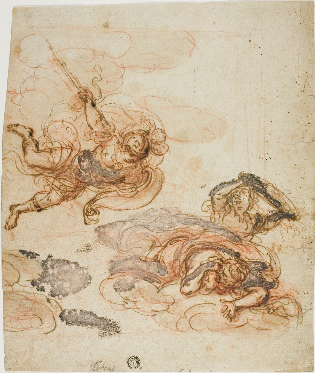 Mercúrio perseguindo duas harpias de Unknown Italian