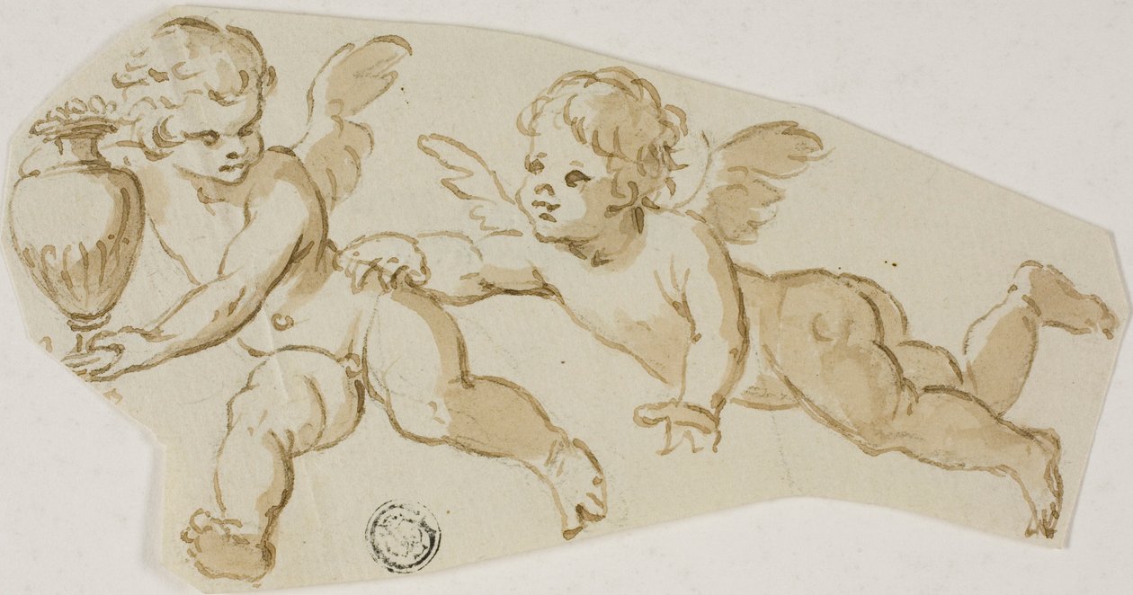 Putto perseguindo outro Putto carregando um vaso de Unknown Italian