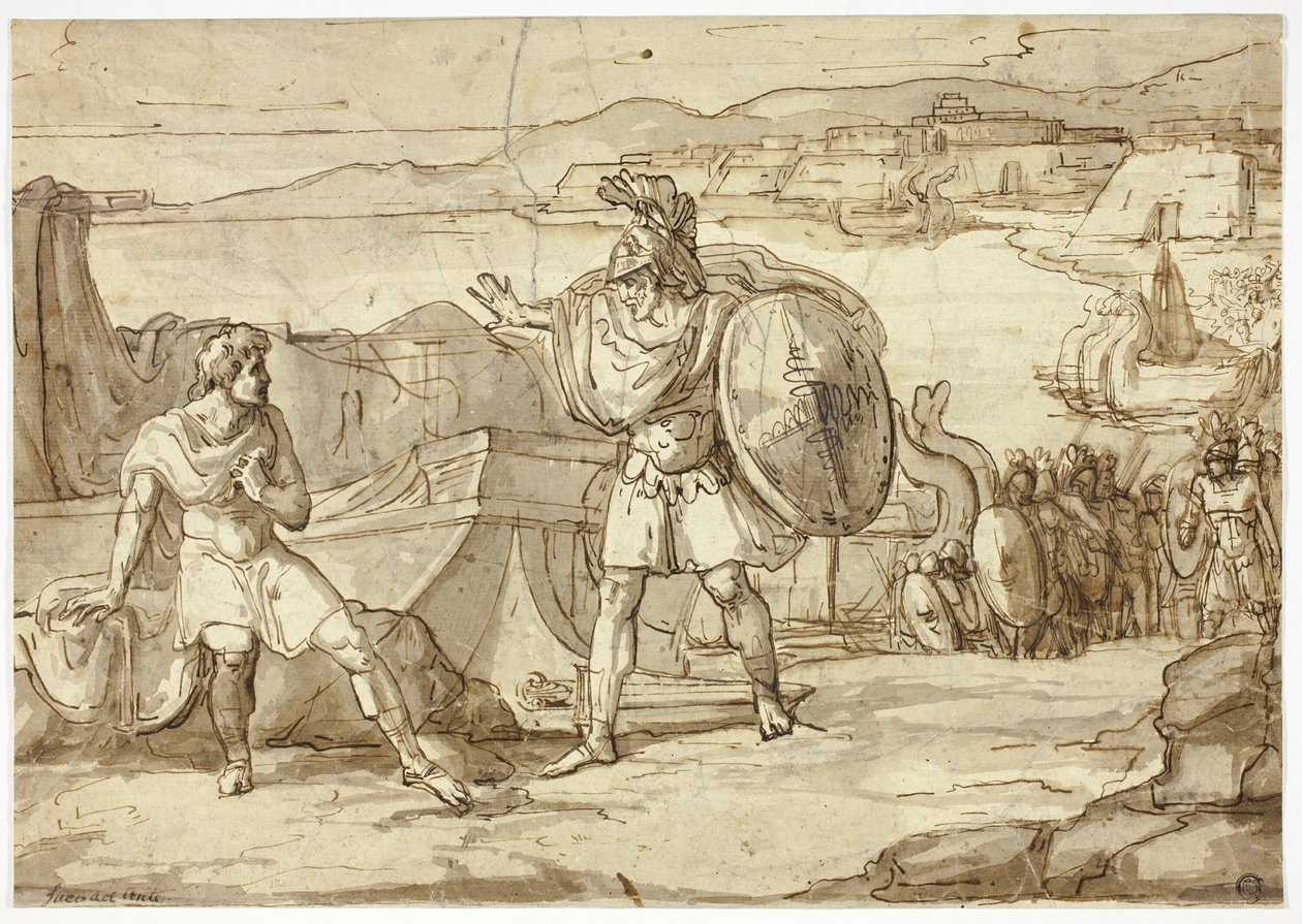 Cena da Ilíada: Confronto de dois guerreiros de Unknown Italian