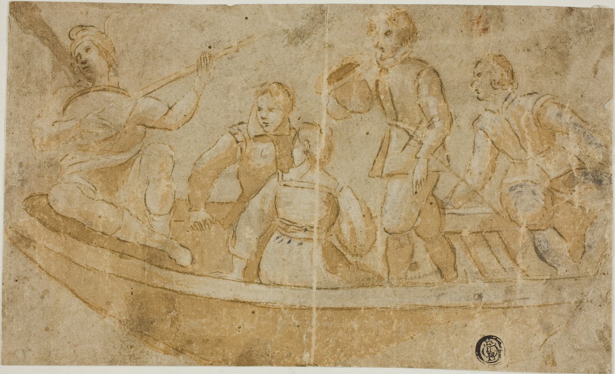 Três homens, uma mulher e um jogador de lúteo num barco de Unknown Italian