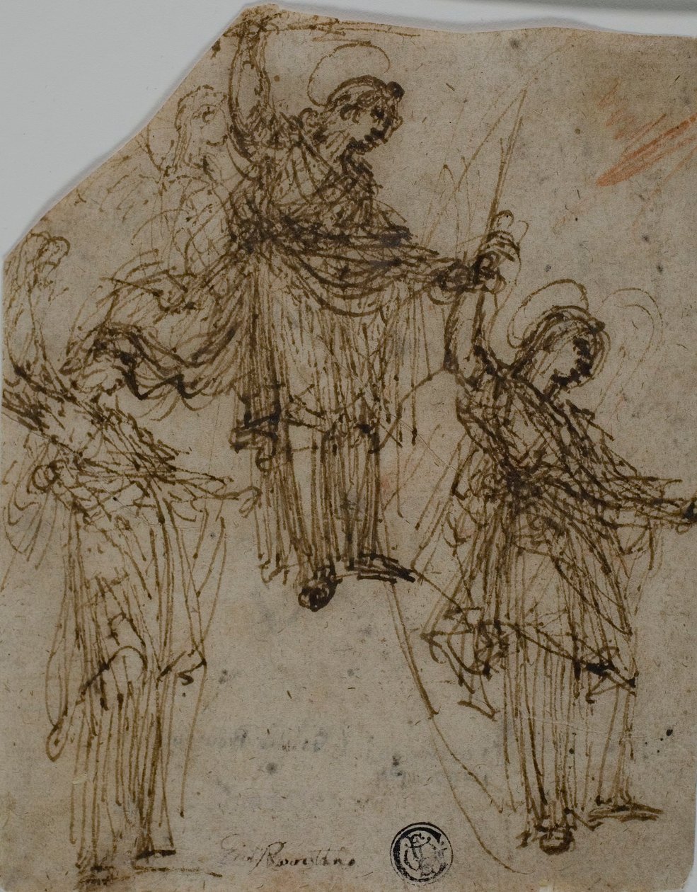 Esboços de um santo de pé segurando uma espada (frente); Esboços de figuras e cabeças (verso) de Unknown Lombard