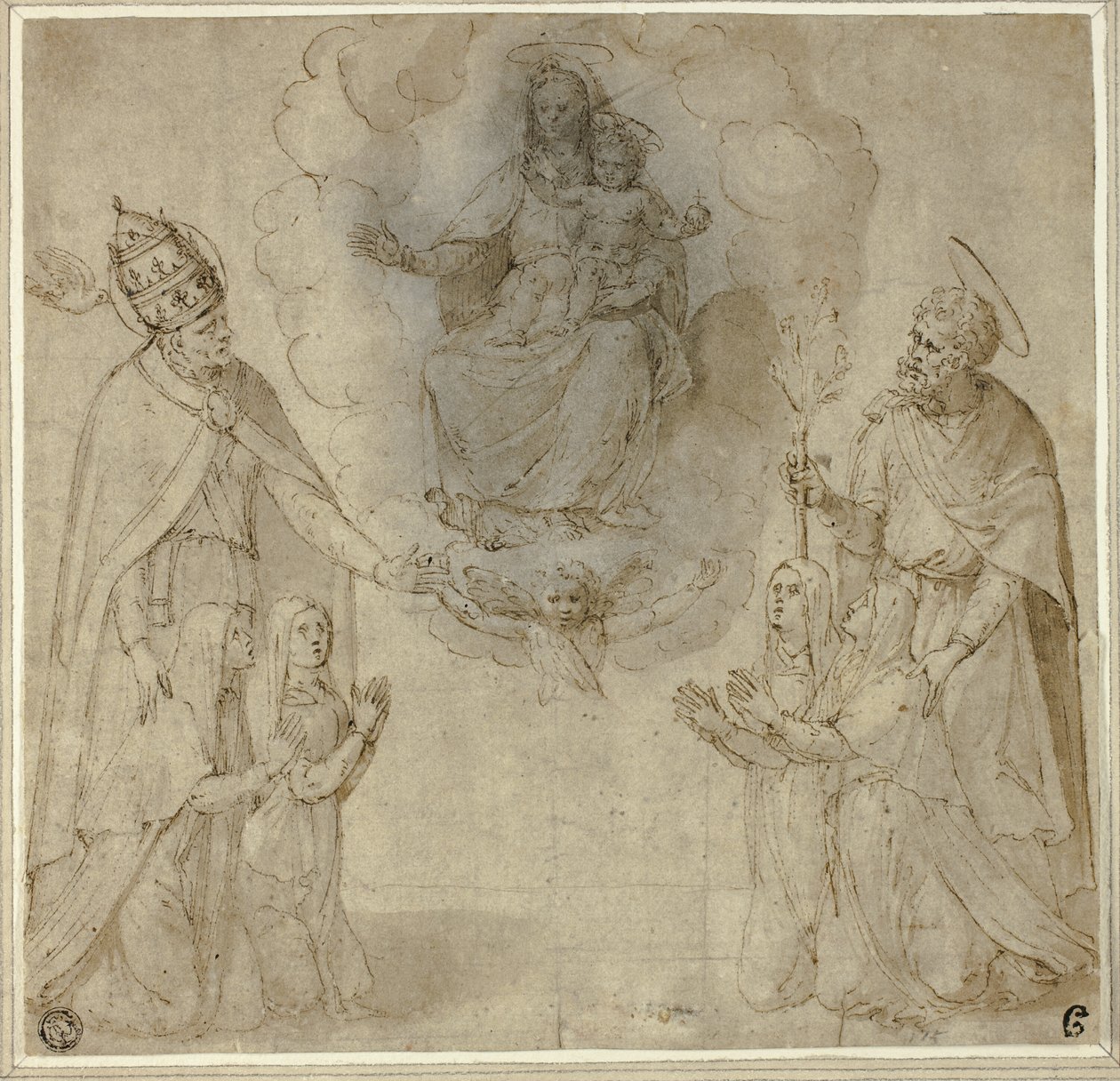 Virgem e Menino diante dos Santos Fabiano (ou Gregório Magno) e José de Unknown Sienese