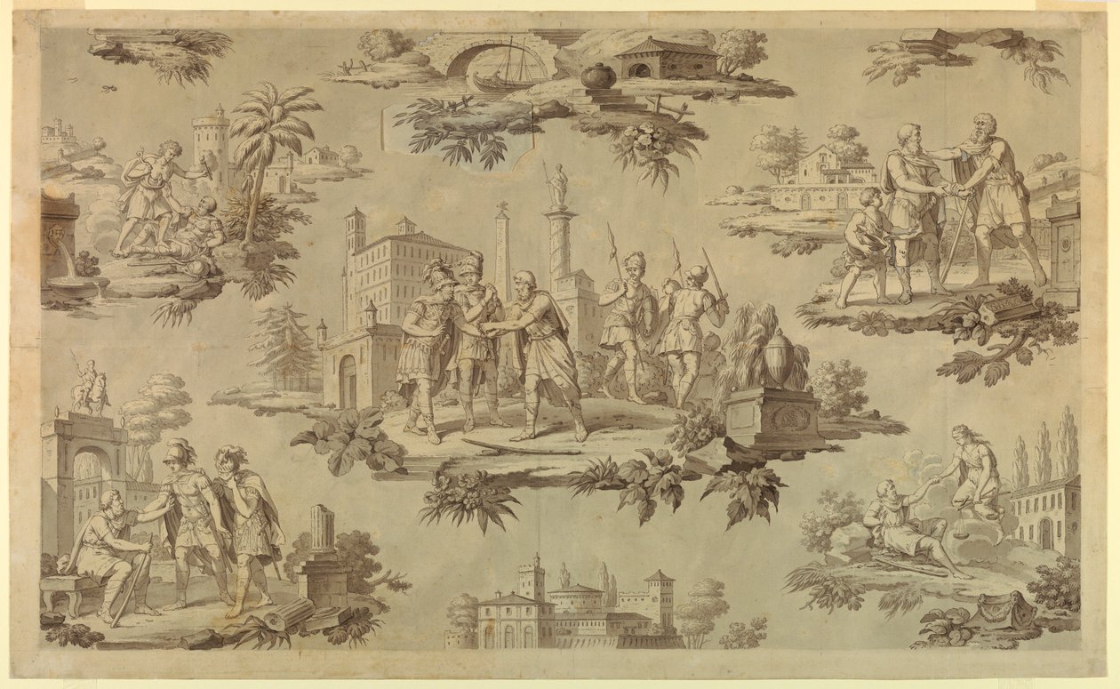 Desenho, Cartoon para impressão em algodão: A vida de Belisaire [La Vie de Bélisaire], ca. 1820 de Unknown artistUnknown artist