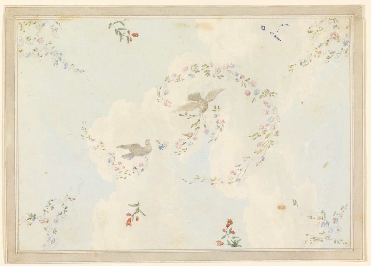 Desenho, Desenho de teto com pombas e grinaldas de flores, possivelmente para o hall de entrada, 1815-22 de Unknown artistUnknown artist