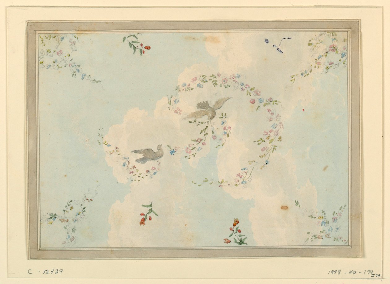 Desenho, Desenho de teto com pombas e grinaldas de flores, possivelmente para o hall de entrada, 1815-22 de Unknown artistUnknown artist