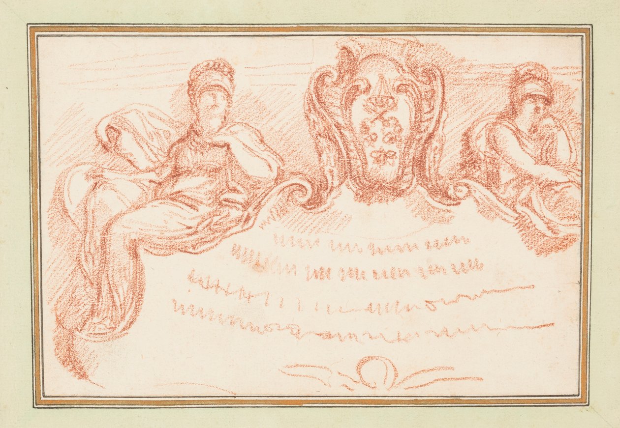 Desenho, pormenor do teto com duas figuras sentadas e escudo, ca. 1759-70 de Unknown artistUnknown artist