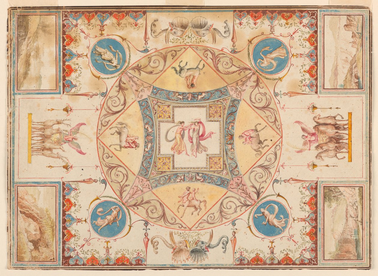 Desenho, Teto da Villa de Adriano, com ninfas, centauros, veados e elefantes, ca. 1785 de Unknown artistUnknown artist