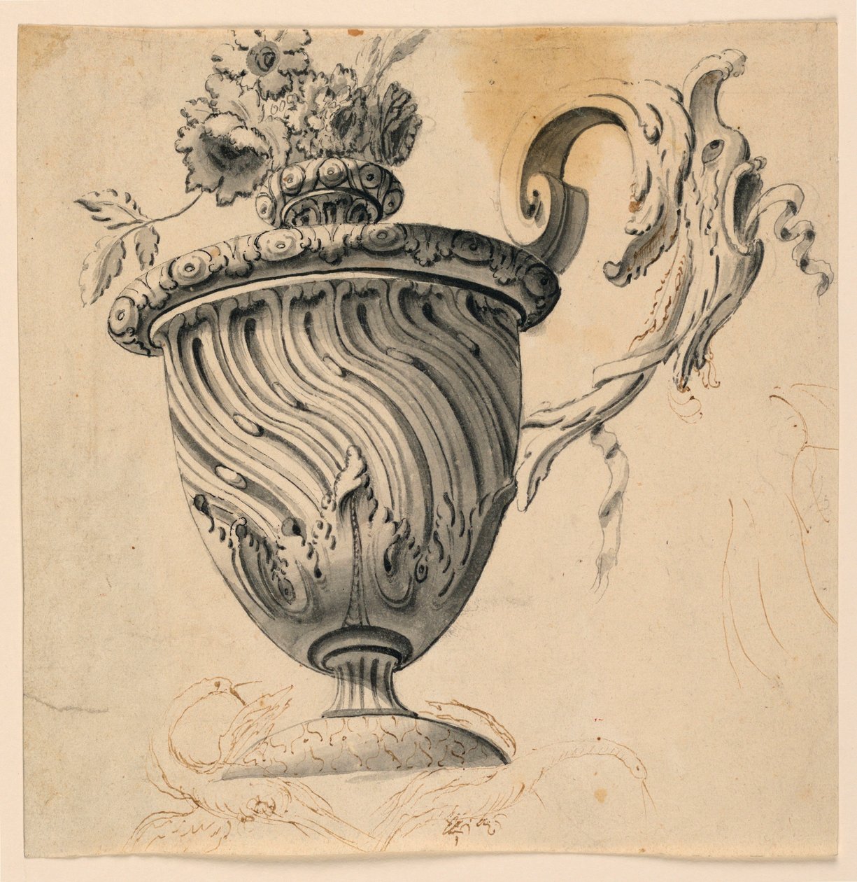 Desenho, pintura de teto e vaso de flores, ca. 1725-50 de Unknown artistUnknown artist