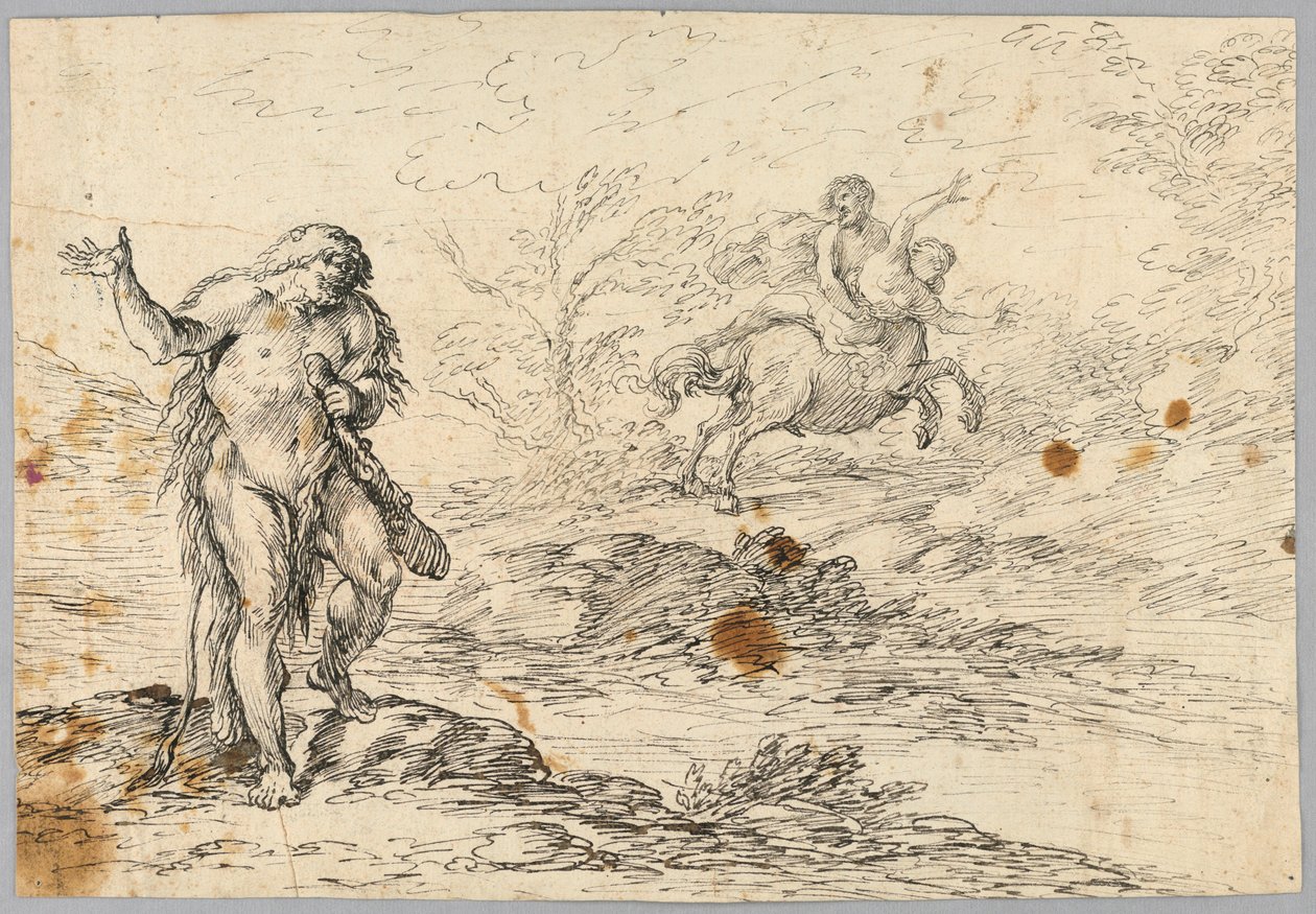 Desenho, Centauro salvando donzela de uma criatura que empunha uma clava, século XVI-XIX de Unknown artistUnknown artist