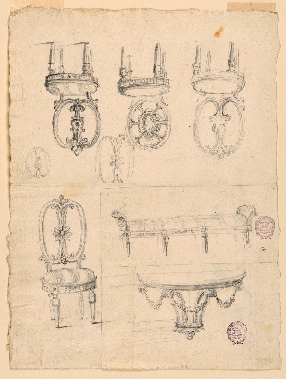 Desenho, cadeiras e esboços arquitectónicos, ca. 1800 de Unknown artistUnknown artist