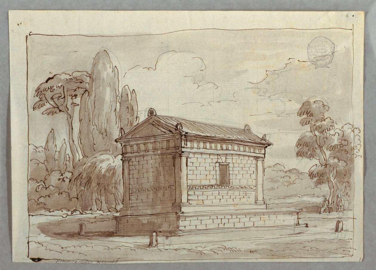 Desenho, Templo clássico numa paisagem, ca. 1805 de Unknown artistUnknown artist