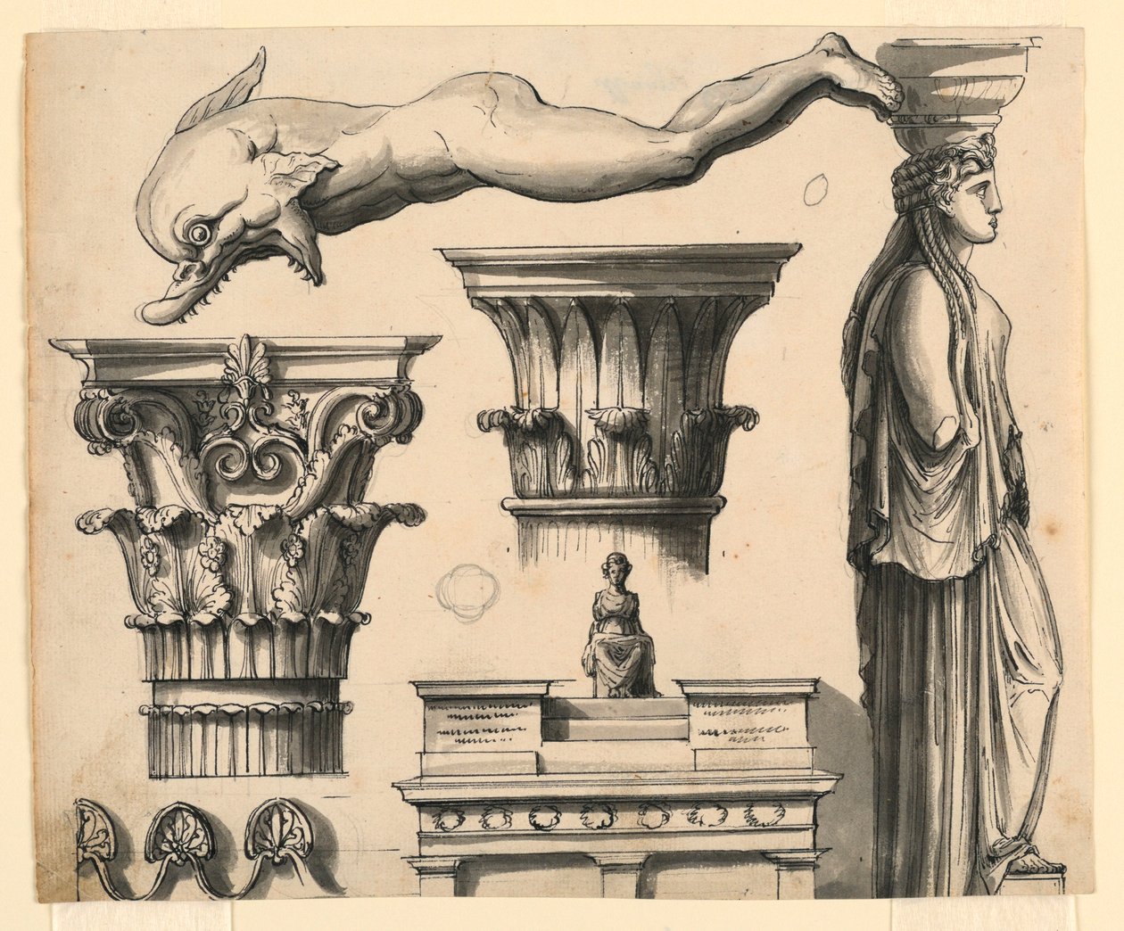 Desenho, Detalhes arquitectónicos clássicos e pseudo-clássicos, ca. 1840 de Unknown artistUnknown artist