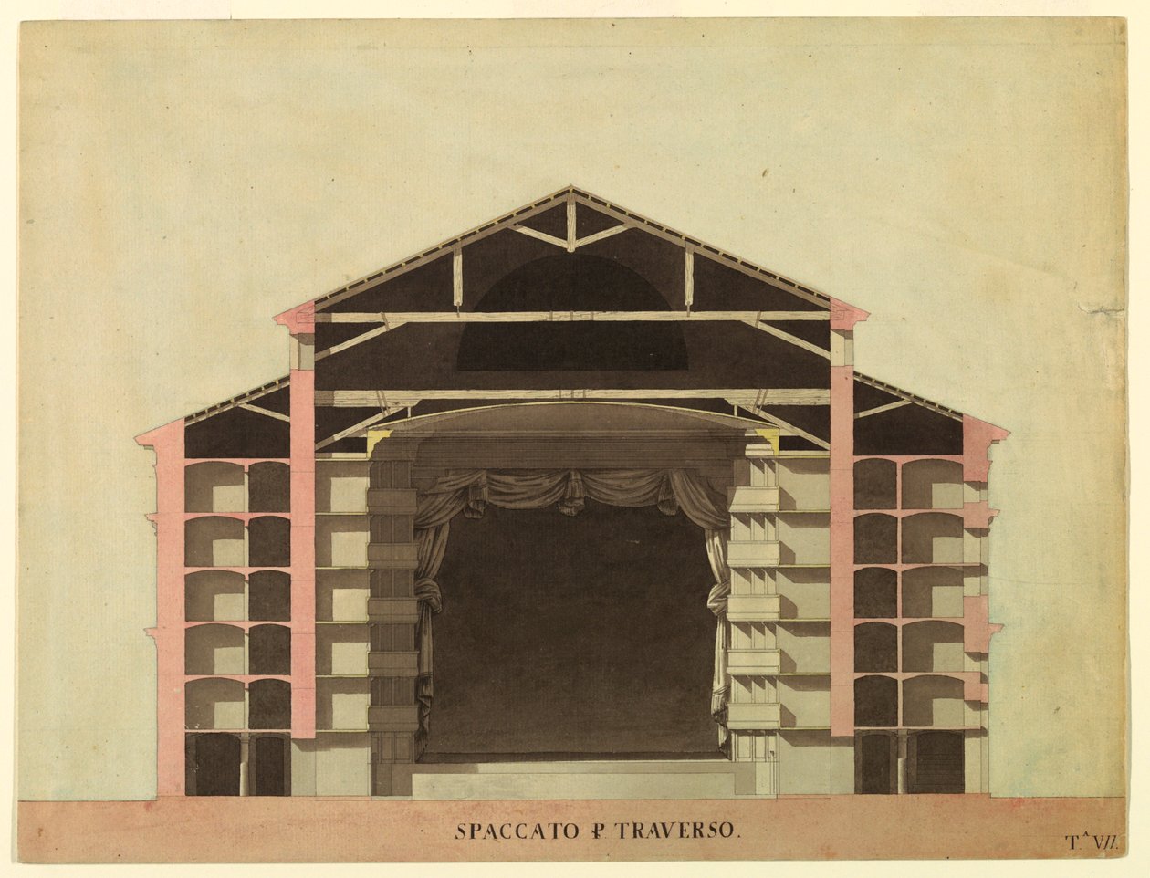 Desenho, Projeto de Concurso para La Fenice, Veneza: Secção transversal, 1788 de Unknown artistUnknown artist
