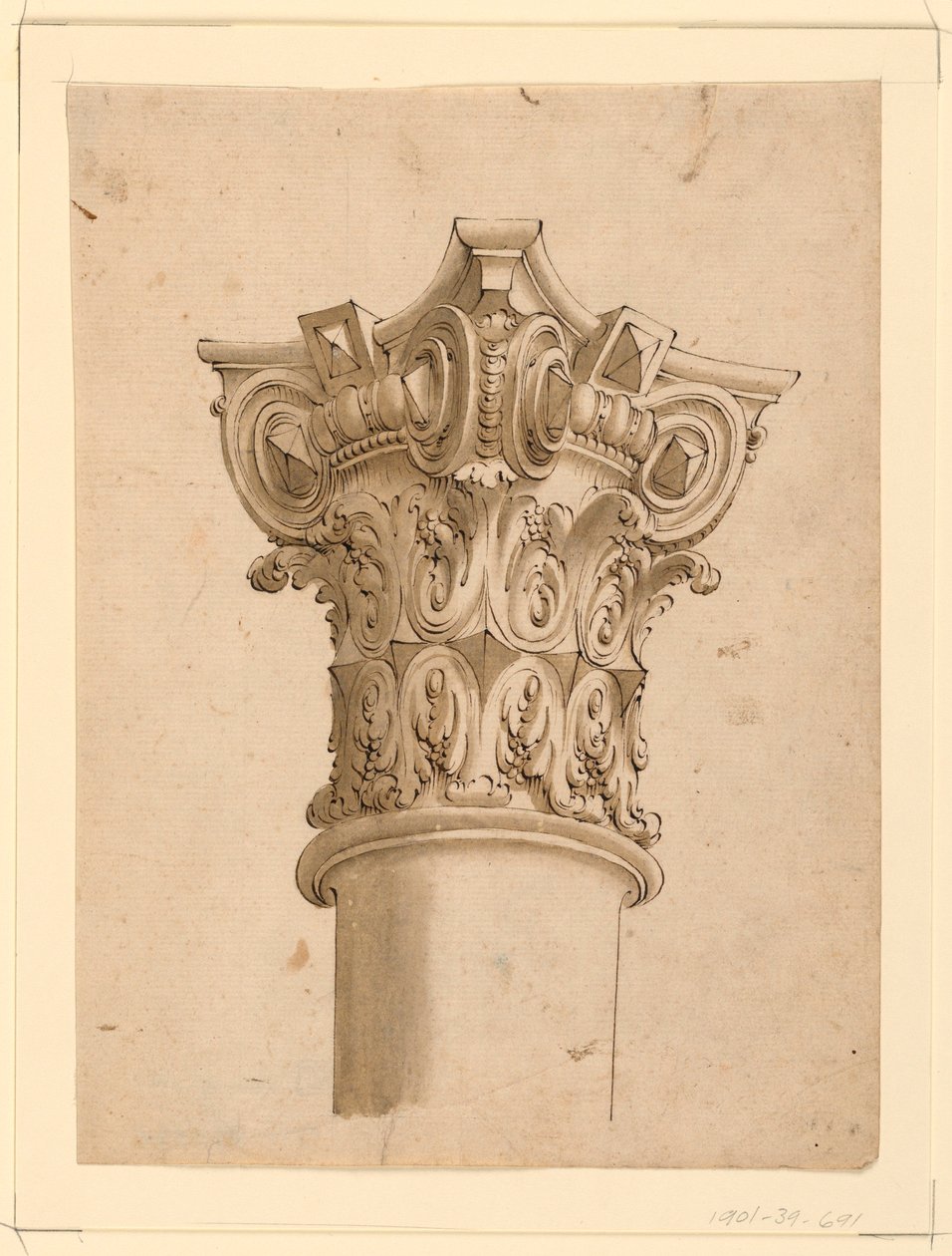 Desenho, vista de canto de um capitel composto, 1625-1650 de Unknown artistUnknown artist