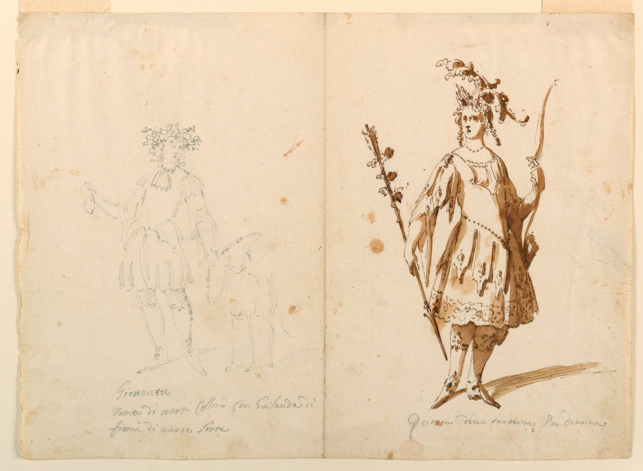 Desenho, Desenho de Figurinos: Juventude e Diana para um Ballet, ca. 1720 de Unknown artistUnknown artist