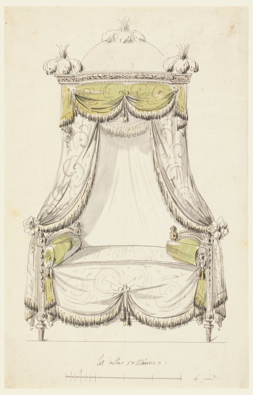 Desenho, Projeto de uma cama em estilo romano, 1780 de Unknown artistUnknown artist