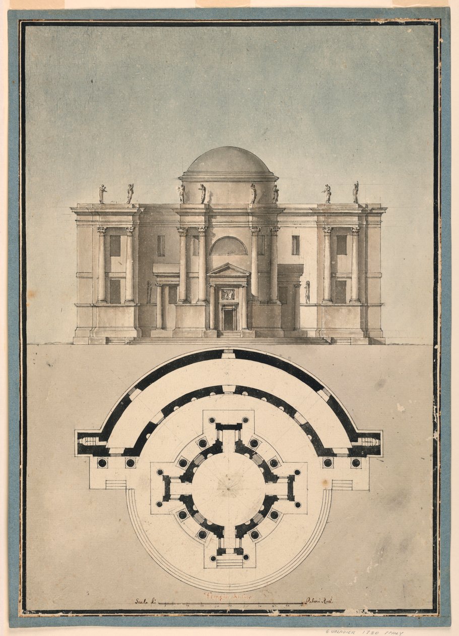 Desenho, Projeto de um Templo Clássico com um Tempietto e uma Edícula Semicircular, ca. 1780 de Unknown artistUnknown artist