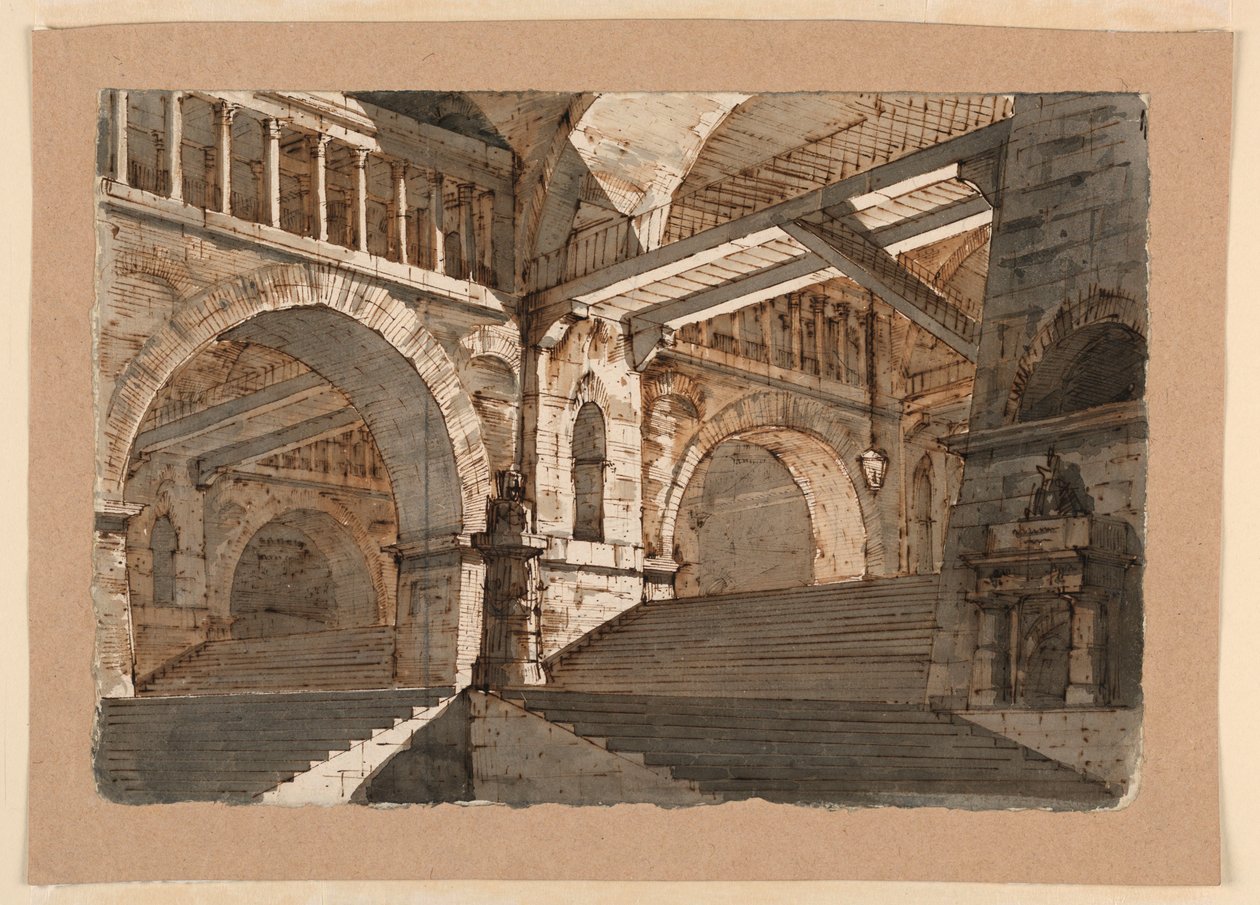 Desenho, Desenho de Palco, Escadas Subterrâneas e Galerias de um Palácio Fortificado, ca. 1800 de Unknown artistUnknown artist