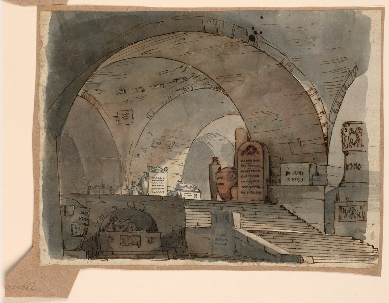 Desenho, Desenho de palco, Espaço subterrâneo abobadado com túmulos, início do século XIX de Unknown artistUnknown artist
