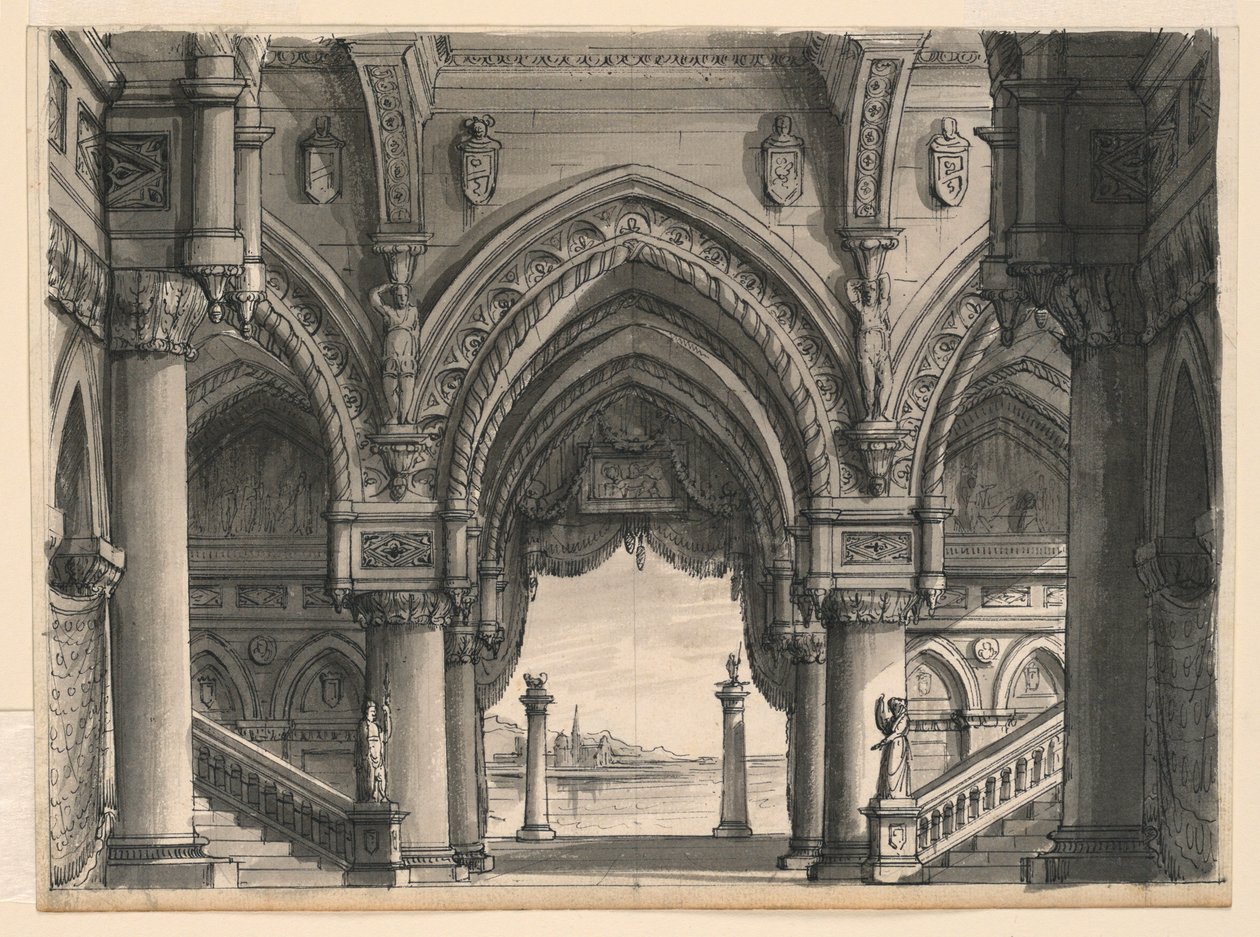 Desenho, cenografia, vista do palácio em Veneza, 1832 de Unknown artistUnknown artist