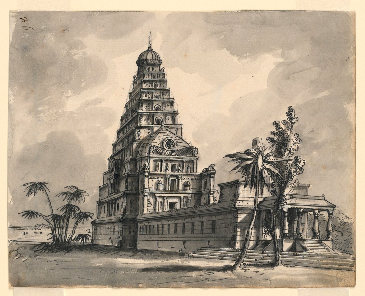 Desenho, Desenho de palco, Vista de um templo indiano, início do século XIX de Unknown artistUnknown artist