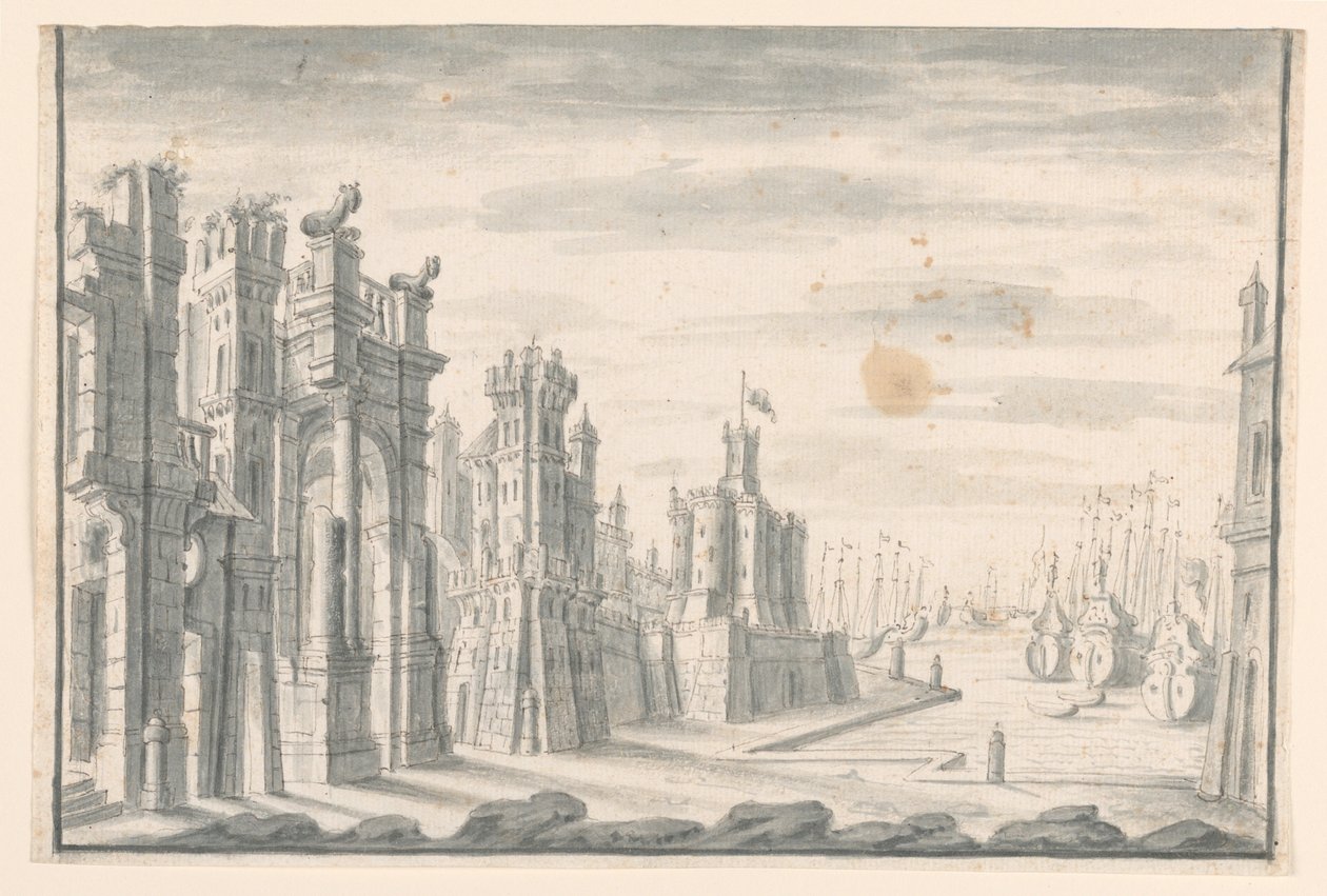 Desenho, Desenho de palco, Vista da cidade e do porto, início do século XVIII de Unknown artistUnknown artist