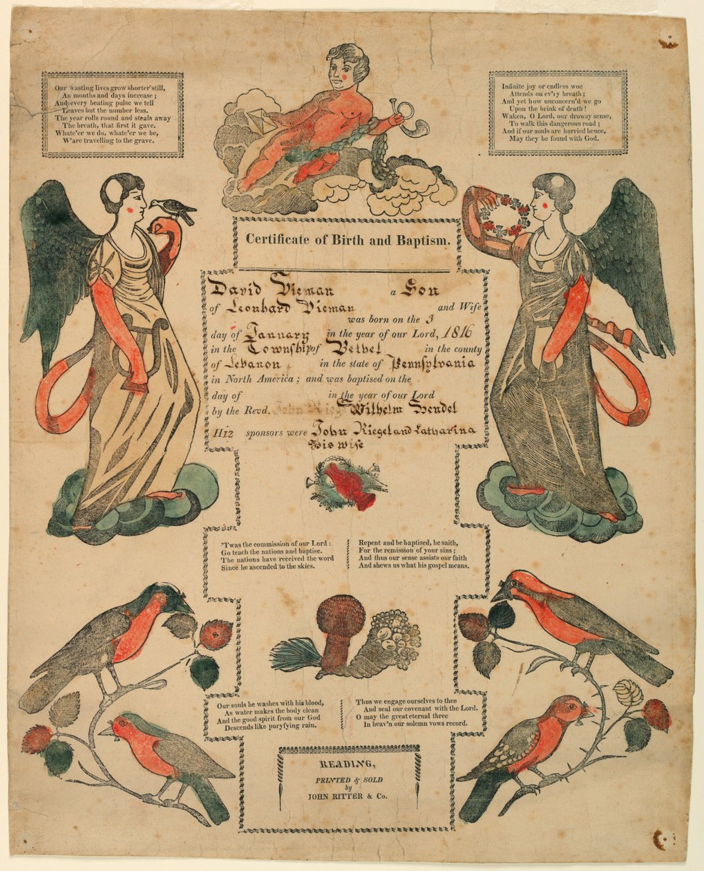 Fraktur, certidão de batismo [Certidão de nascimento], 1816 de Unknown artistUnknown artist
