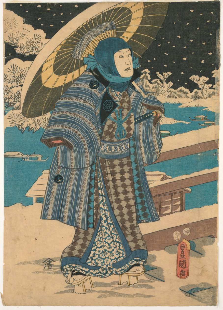 Gravura, Parte de um tríptico: homem com um guarda-sol, 1854 de Unknown artistUnknown artist