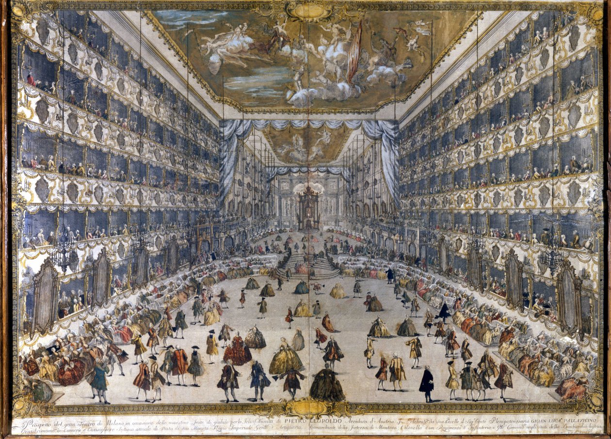 (Teatro Regio Ducal em Milão) Teatro regio Ducale em Milão (torna-se o Teatro alla Scala depois do incêndio): festa do nascimento de Peter Leopold, arquiduque da Áustria, depois Leopold II, imperador (1747-1792) da Áustria. 28/5/1747. de Unknown artist