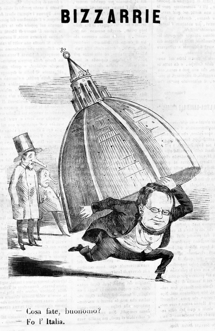 - O que está a fazer, senhor? - Faço a Itália (Cavour com a cúpula de Florença) gravura satírica de Il Fischietto de Unknown artist