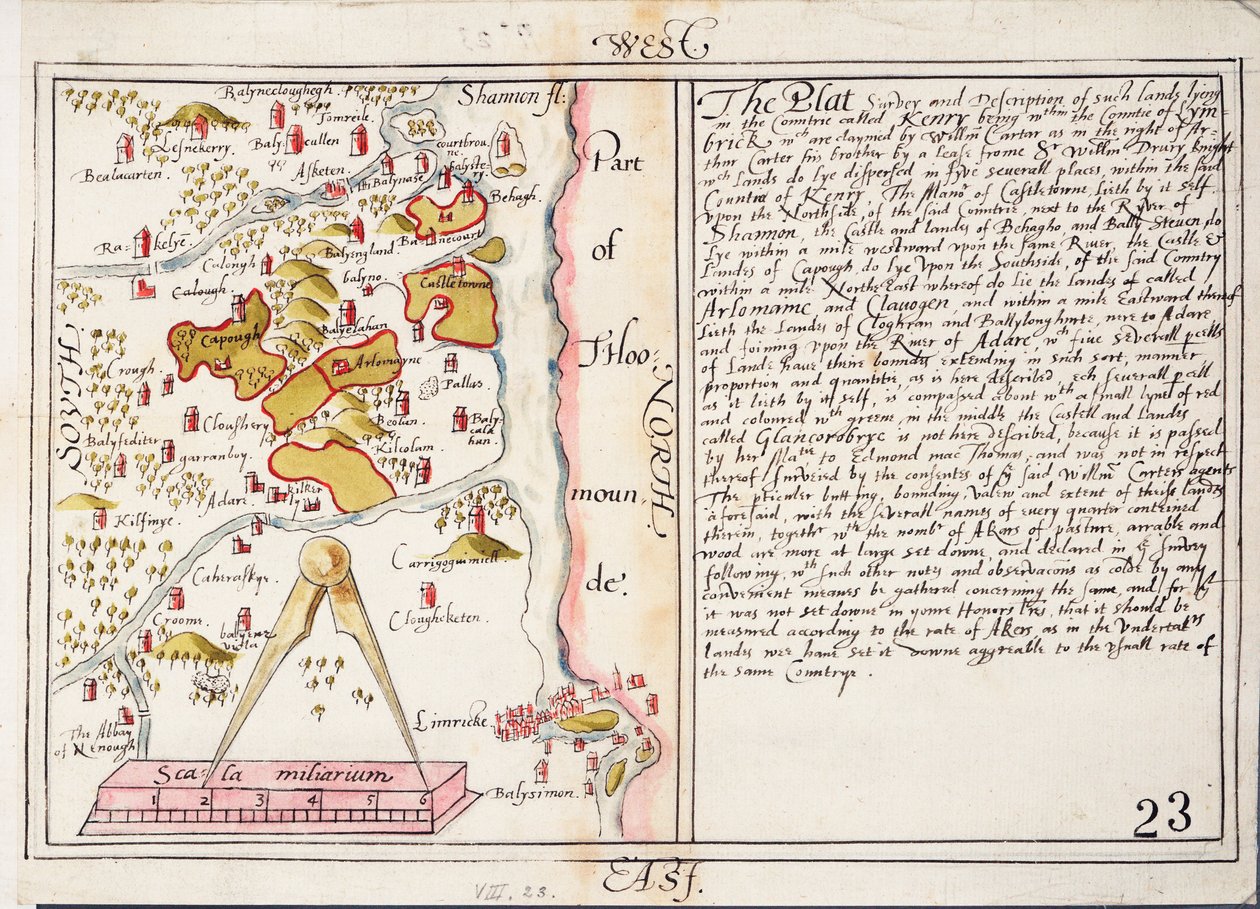 Mapa do século XVI do condado de Limerick, Irlanda, c.1588 (papel, linho) de Unknown artist