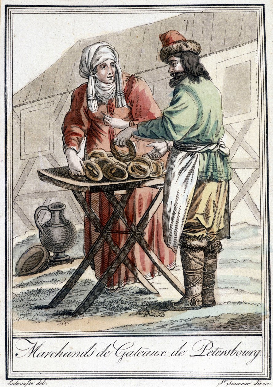 Prato do século XIX representando um homem russo, comerciante de bolos em Petersburgo. de Unknown artist