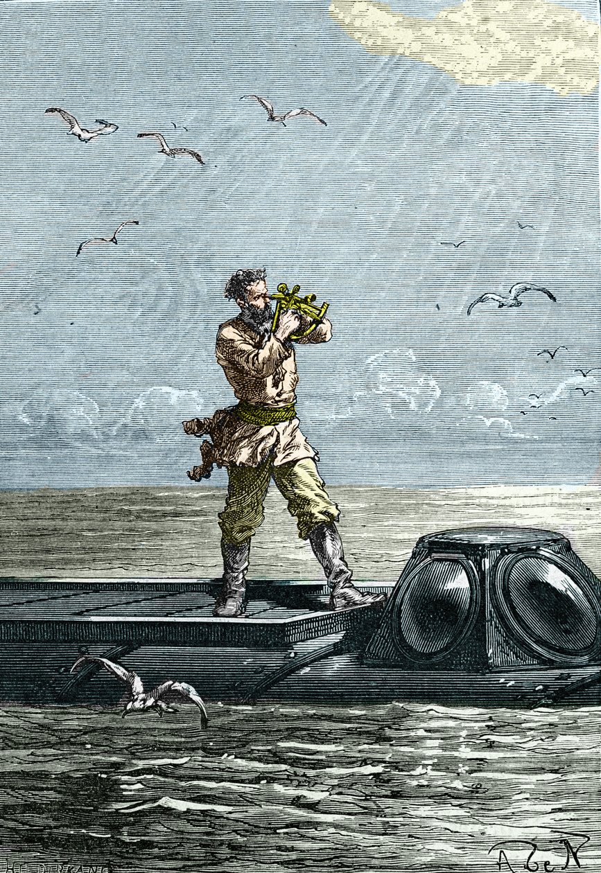 20.000 léguas debaixo do mar. O Capitão Nemo no submarino "Nautilus". Ilustração do romance de Júlio Verne "Vinte mil léguas submarinas" (Vinte mil - 20.000 - 20.000 - 20.000) de Unknown artist