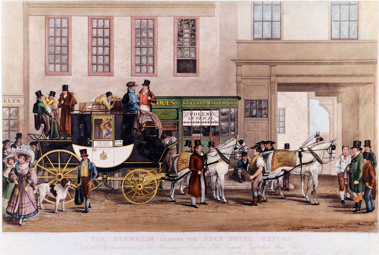 A Diligence in front of the Star Hotel" at Oxford in 1831" Engraving of the 19th century. de Unknown artist
