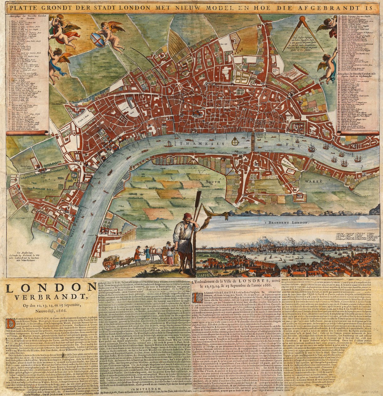 Um mapa holandês que mostra as áreas devastadas pelo Grande Incêndio de Londres de Unknown artist